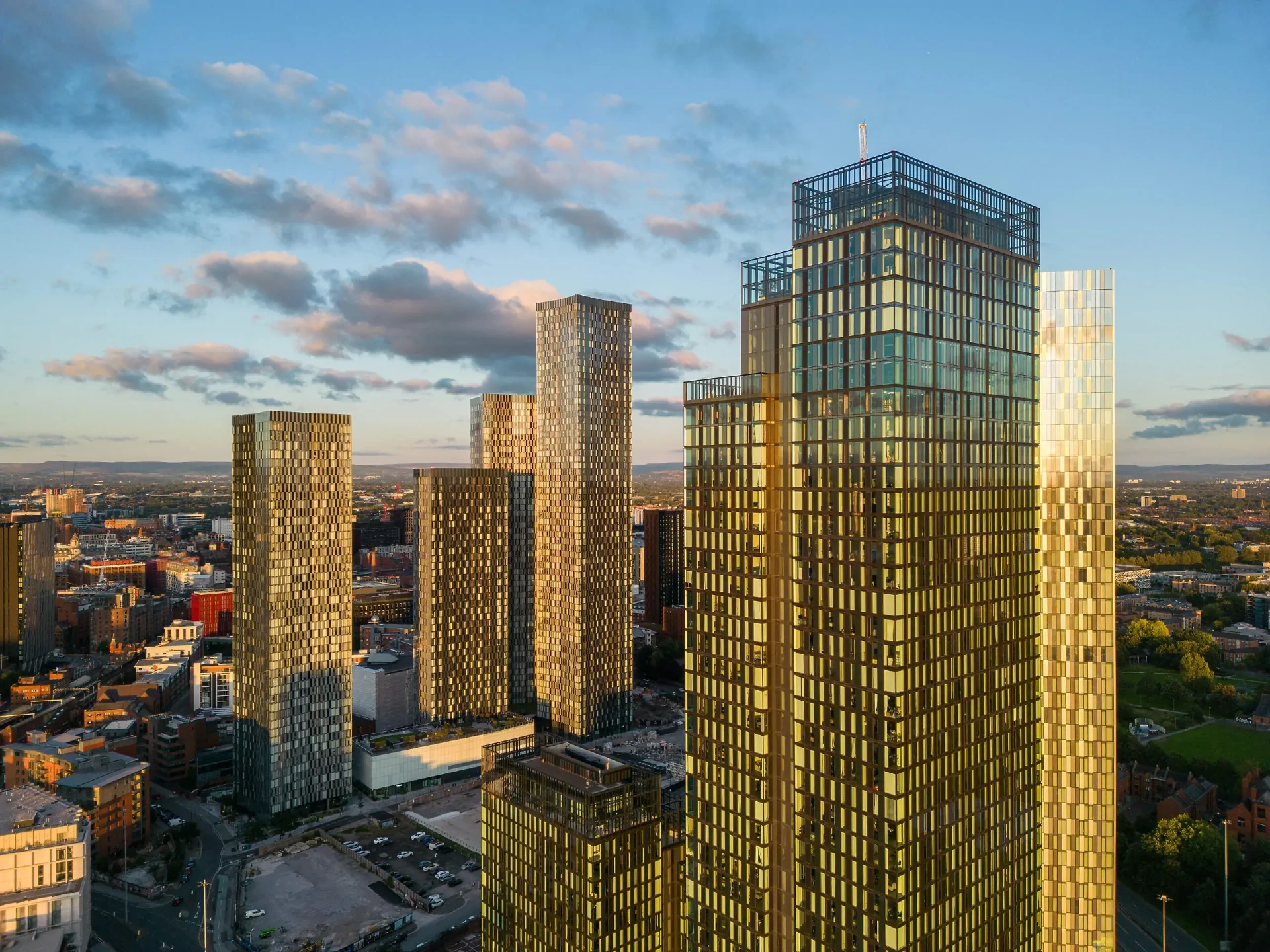 Victoria Residence towers over Manchester at sunset